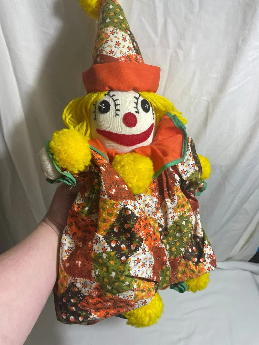 Vintage Handmade Rag Doll Clown Plush Stuffed Toy Yellow Yarn Hair Patchwork 20